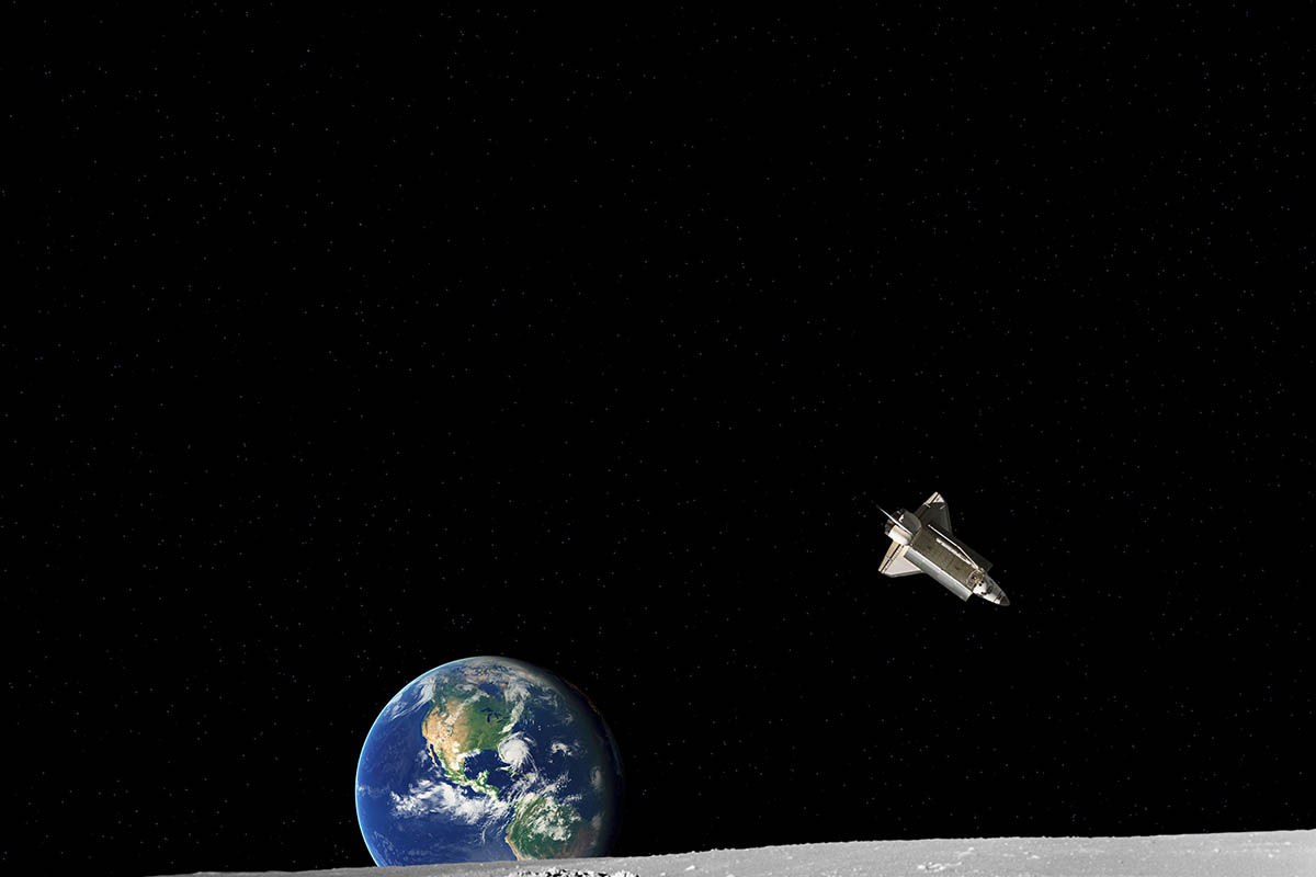 Lunar Perfect Drop — Earth and orbiting spacecraft seen from the lunar horizon