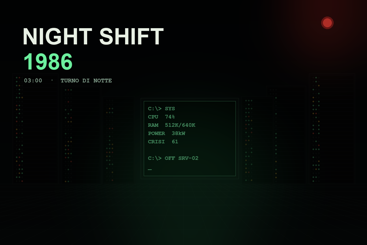 Night Shift 1986 &mdash; data center at night, terminal glowing